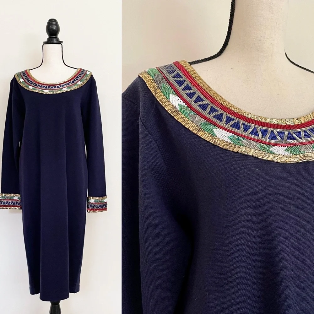 Vintage 80s Wool Beaded Midi Dress - Picture 1 of 6